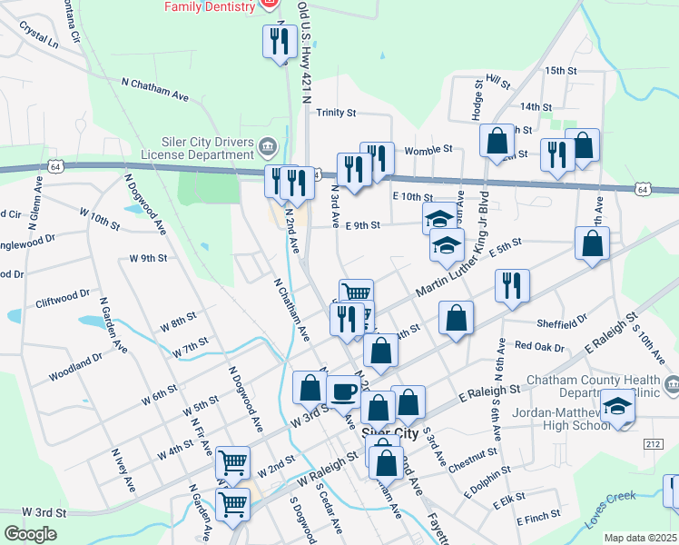 map of restaurants, bars, coffee shops, grocery stores, and more near 619 North 3rd Avenue in Siler City