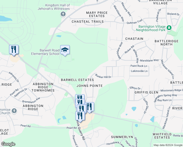 map of restaurants, bars, coffee shops, grocery stores, and more near 3848 Cane Garden Drive in Raleigh