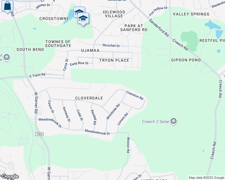 map of restaurants, bars, coffee shops, grocery stores, and more near 3605 Cranston Road in Garner