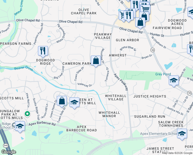 map of restaurants, bars, coffee shops, grocery stores, and more near 102 Stenness Court in Apex