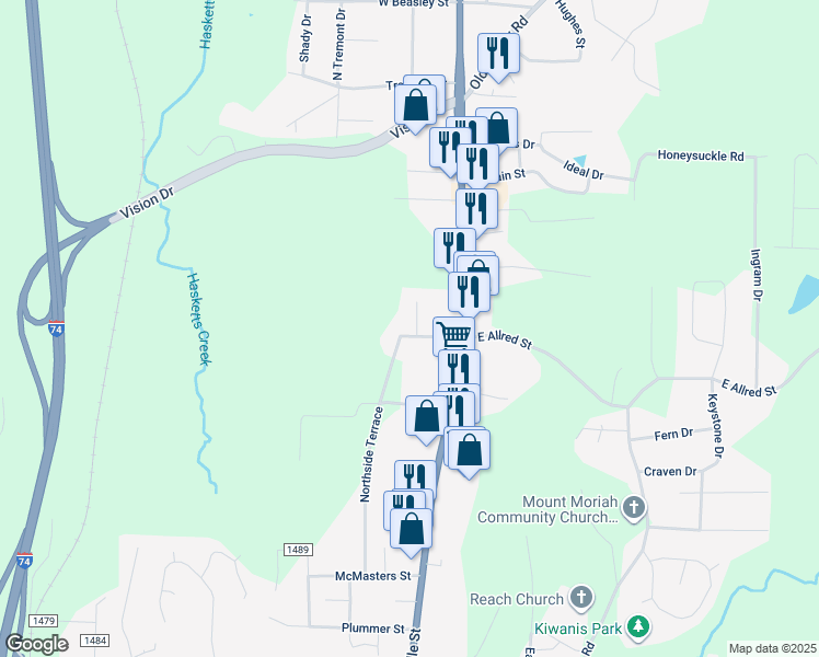 map of restaurants, bars, coffee shops, grocery stores, and more near 1325 Moody St in Asheboro