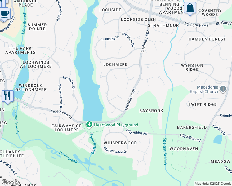 map of restaurants, bars, coffee shops, grocery stores, and more near 107 Windy Rush Lane in Cary