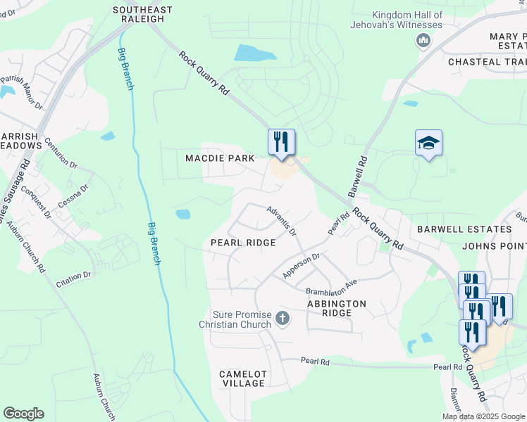 map of restaurants, bars, coffee shops, grocery stores, and more near 5416 Advantis Drive in Raleigh