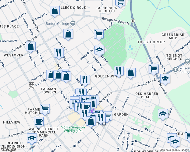 map of restaurants, bars, coffee shops, grocery stores, and more near 305 Maplewood Ave NE in Wilson