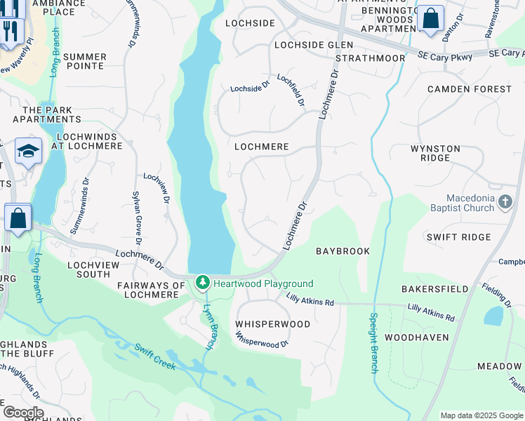 map of restaurants, bars, coffee shops, grocery stores, and more near 107 Windy Rush Lane in Cary