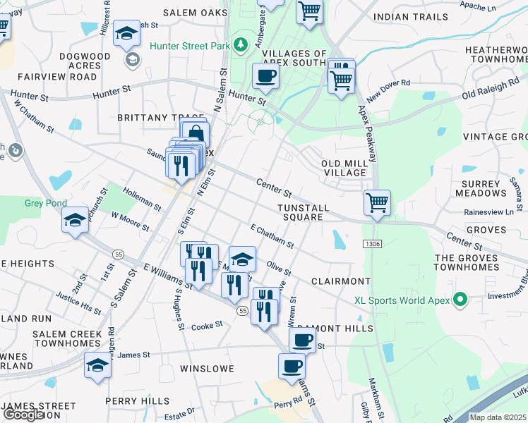 map of restaurants, bars, coffee shops, grocery stores, and more near 404 Culvert Street in Apex