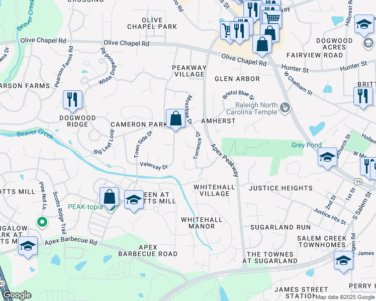map of restaurants, bars, coffee shops, grocery stores, and more near 1077 Vauxhall Drive in Apex