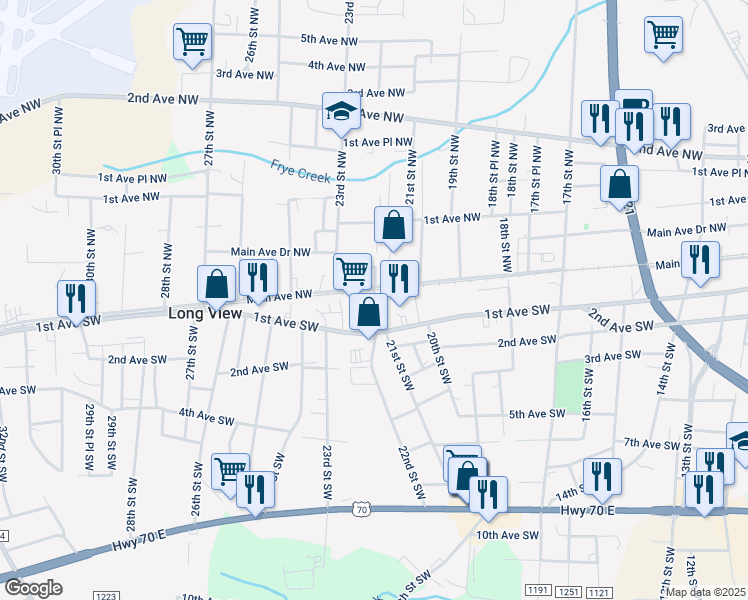 map of restaurants, bars, coffee shops, grocery stores, and more near 2201 Main Avenue Place Northwest in Hickory