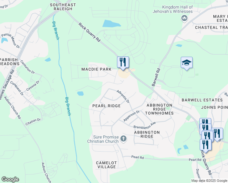 map of restaurants, bars, coffee shops, grocery stores, and more near 5412 Advantis Drive in Raleigh