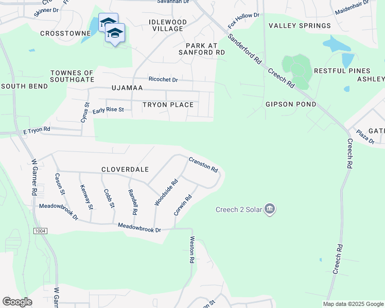 map of restaurants, bars, coffee shops, grocery stores, and more near 3501 Cranston Road in Garner