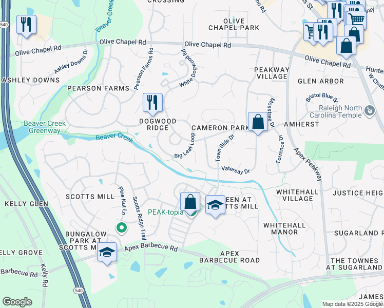 map of restaurants, bars, coffee shops, grocery stores, and more near 1602 Royal Red Trail in Apex