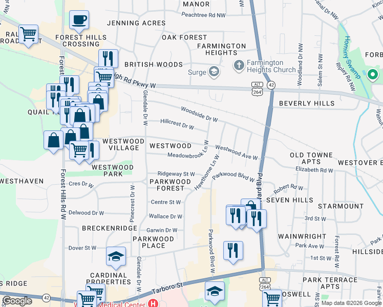map of restaurants, bars, coffee shops, grocery stores, and more near 1710 Meadowbrook Lane West in Wilson