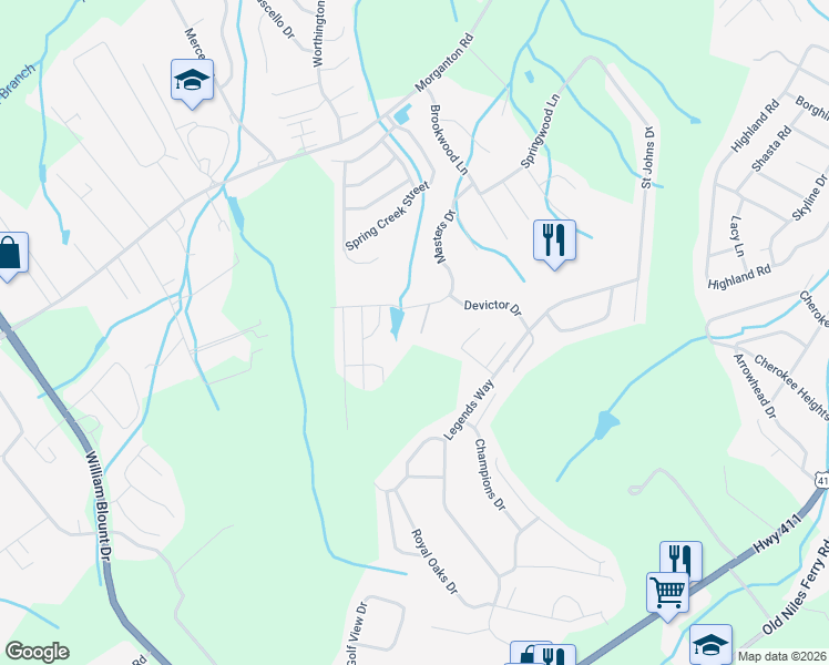map of restaurants, bars, coffee shops, grocery stores, and more near 809 Stetson Drive in Maryville