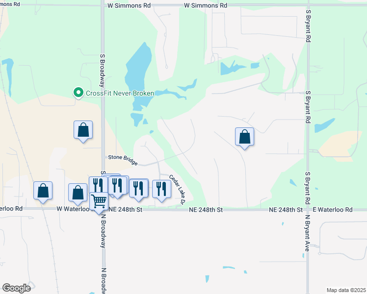 map of restaurants, bars, coffee shops, grocery stores, and more near 601 Stone Bridge in Edmond