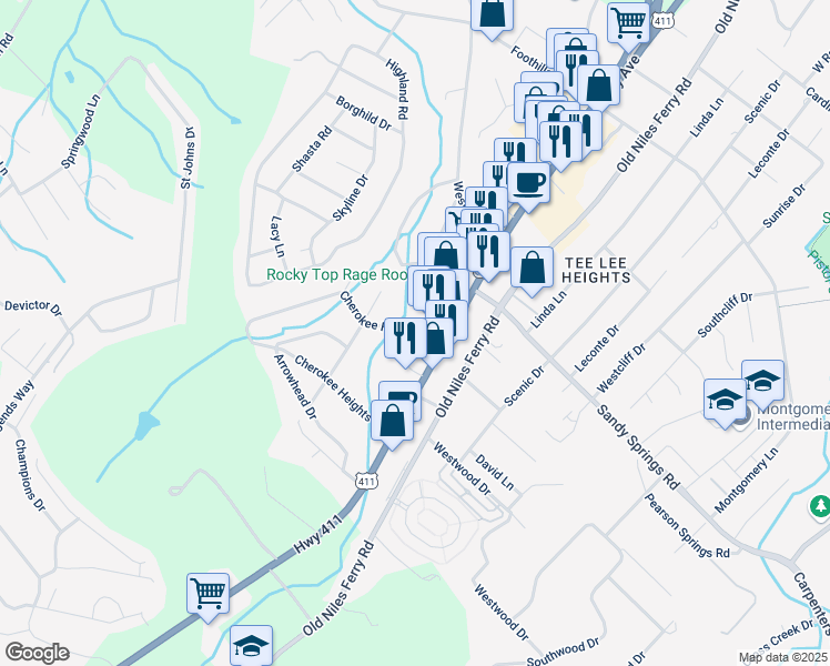 map of restaurants, bars, coffee shops, grocery stores, and more near 110 Cherokee Heights Drive in Maryville