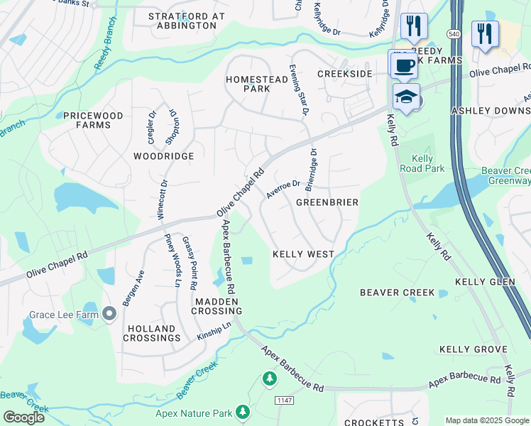map of restaurants, bars, coffee shops, grocery stores, and more near 209 Kelly West Drive in Apex