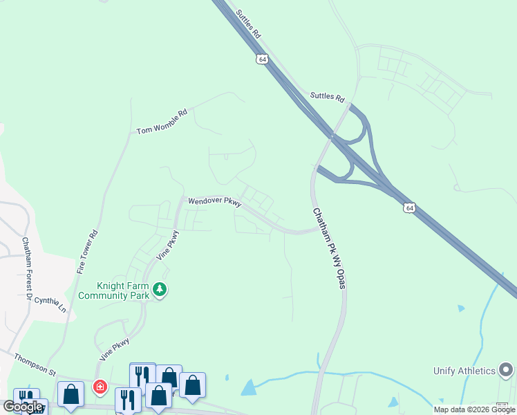map of restaurants, bars, coffee shops, grocery stores, and more near 270 Wendover Parkway in Pittsboro