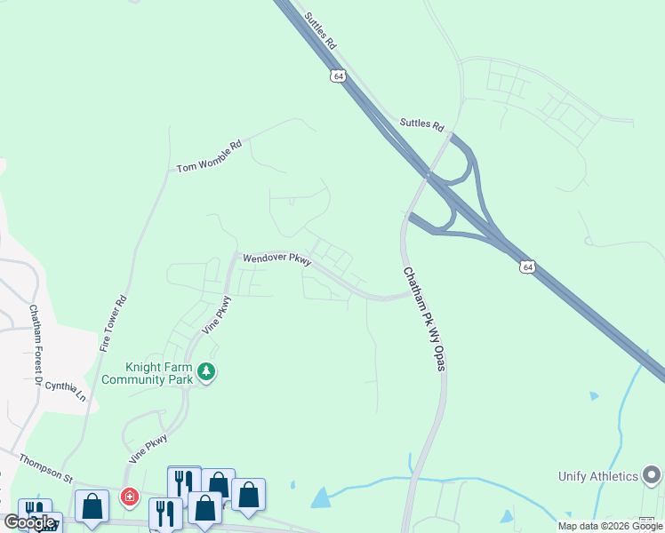 map of restaurants, bars, coffee shops, grocery stores, and more near 270 Wendover Parkway in Pittsboro