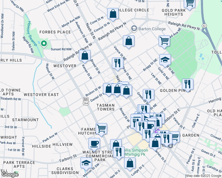 map of restaurants, bars, coffee shops, grocery stores, and more near 187 Daniel Street West in Wilson