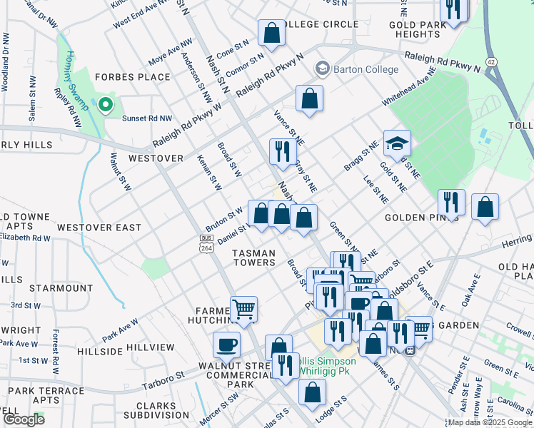 map of restaurants, bars, coffee shops, grocery stores, and more near 187 Daniel Street West in Wilson