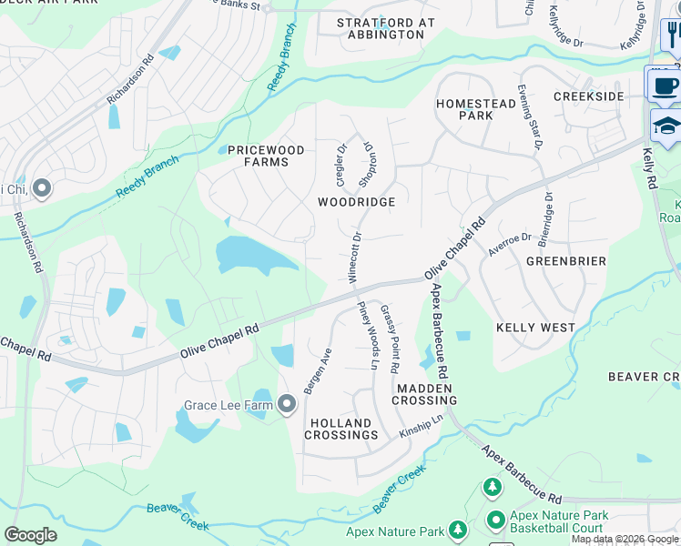 map of restaurants, bars, coffee shops, grocery stores, and more near 1003 Tamora Court in Apex