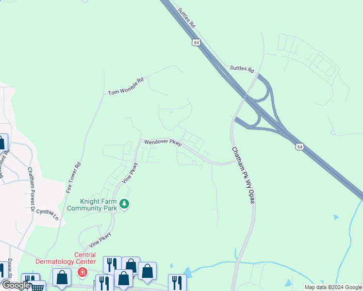 map of restaurants, bars, coffee shops, grocery stores, and more near Wendover Parkway in Pittsboro