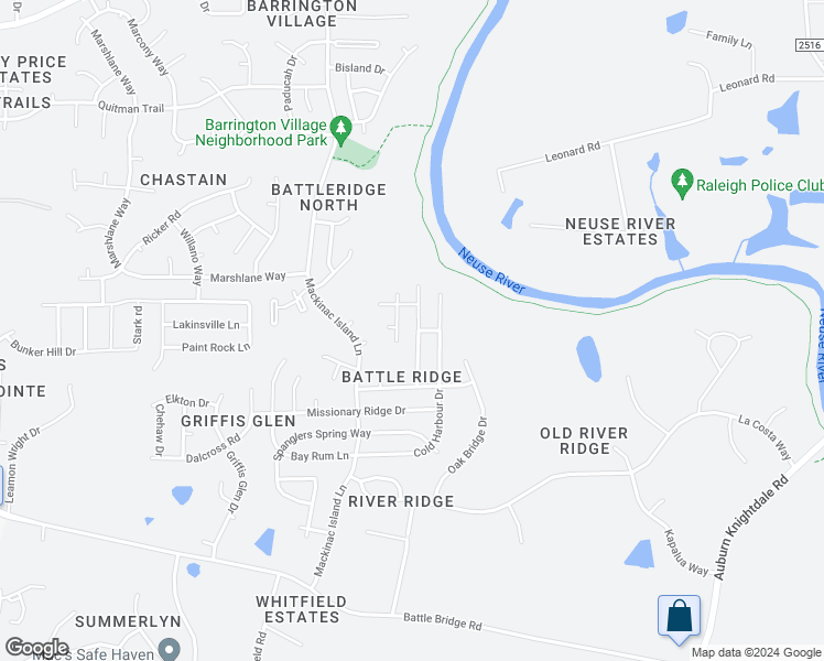 map of restaurants, bars, coffee shops, grocery stores, and more near 3616 Mechanicsville Run Lane in Raleigh