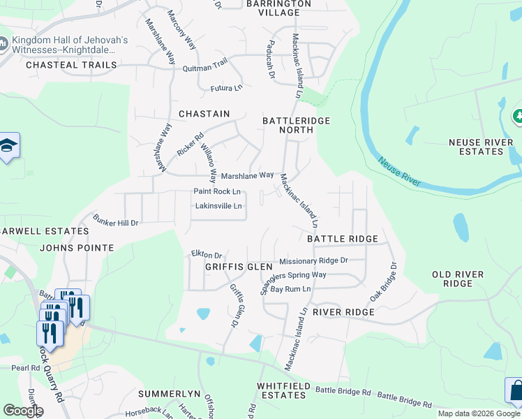 map of restaurants, bars, coffee shops, grocery stores, and more near 3558 Aldie Court in Raleigh