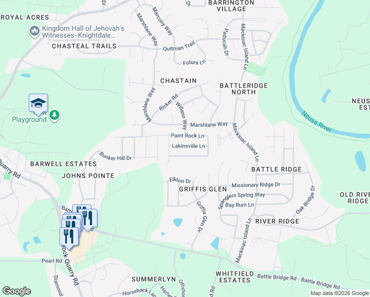 map of restaurants, bars, coffee shops, grocery stores, and more near 6824 Lakinsville Lane in Raleigh