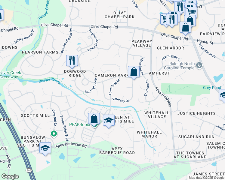 map of restaurants, bars, coffee shops, grocery stores, and more near 901 Town Side Drive in Apex