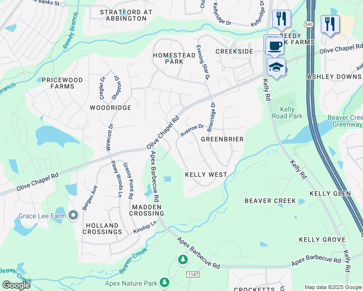 map of restaurants, bars, coffee shops, grocery stores, and more near 209 Kelly West Drive in Apex