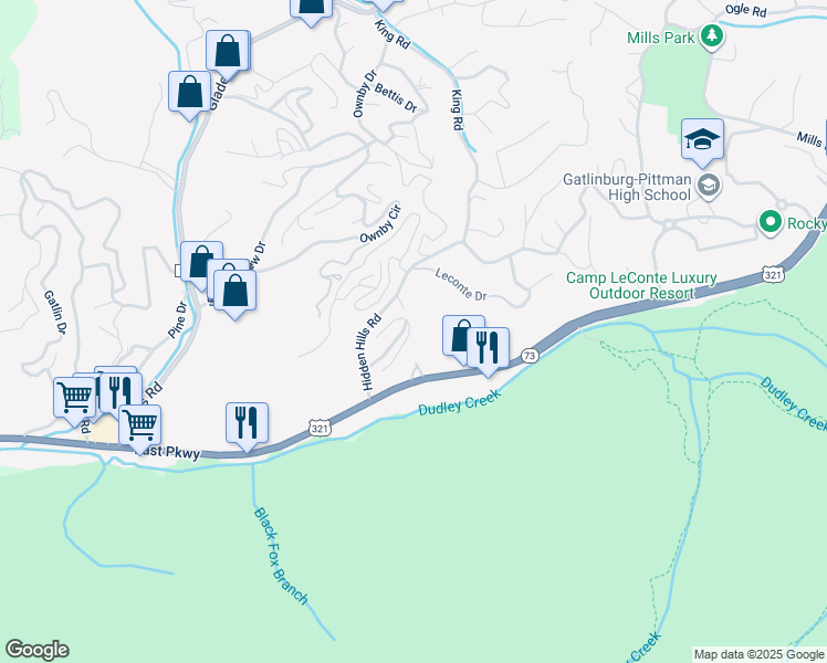map of restaurants, bars, coffee shops, grocery stores, and more near 511 Hoot Owl Way in Gatlinburg