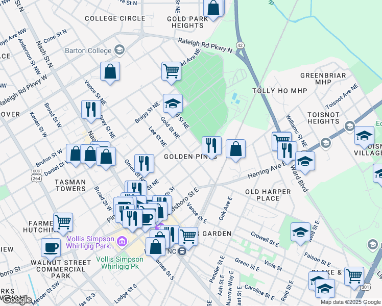 map of restaurants, bars, coffee shops, grocery stores, and more near 501 Pine Street Northeast in Wilson