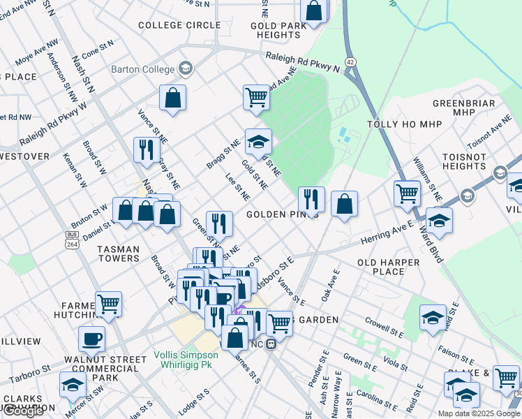 map of restaurants, bars, coffee shops, grocery stores, and more near 208 Lee Street Northeast in Wilson