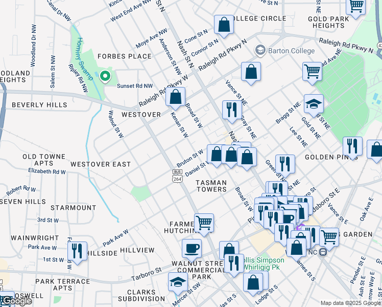 map of restaurants, bars, coffee shops, grocery stores, and more near 703 Kenan St W in Wilson
