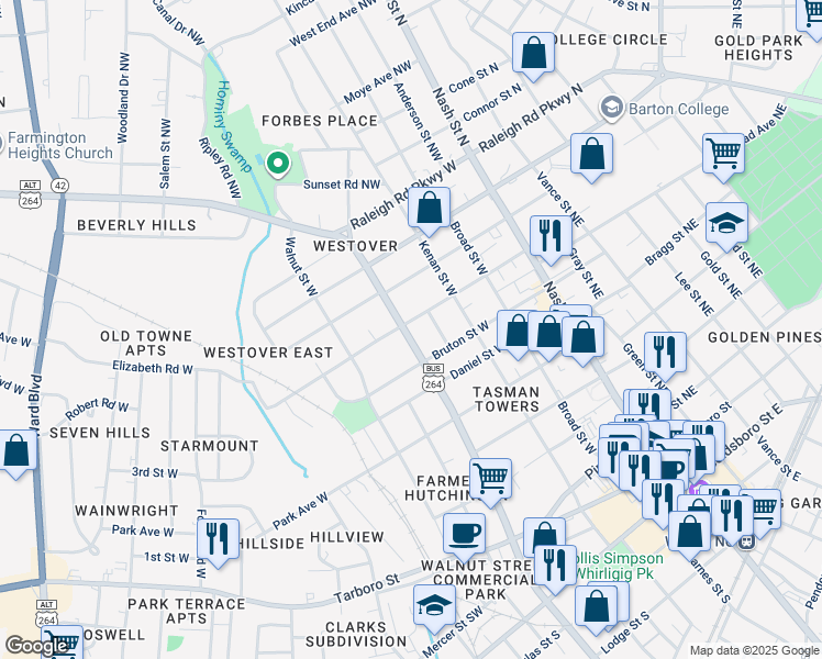 map of restaurants, bars, coffee shops, grocery stores, and more near 305 Warren Street West in Wilson