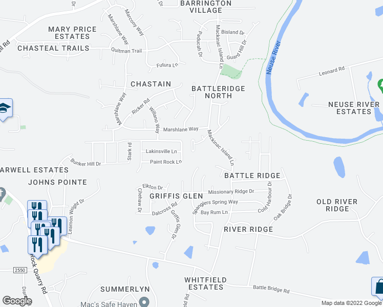 map of restaurants, bars, coffee shops, grocery stores, and more near 3558 Aldie Court in Raleigh