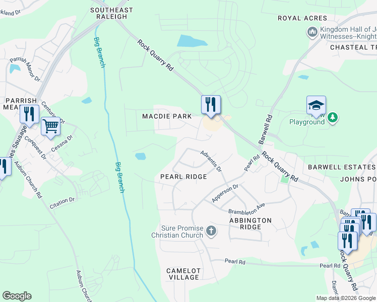 map of restaurants, bars, coffee shops, grocery stores, and more near 4004 Mindspring Drive in Raleigh