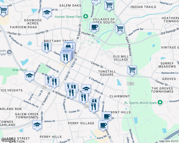 map of restaurants, bars, coffee shops, grocery stores, and more near 314 Culvert Street in Apex