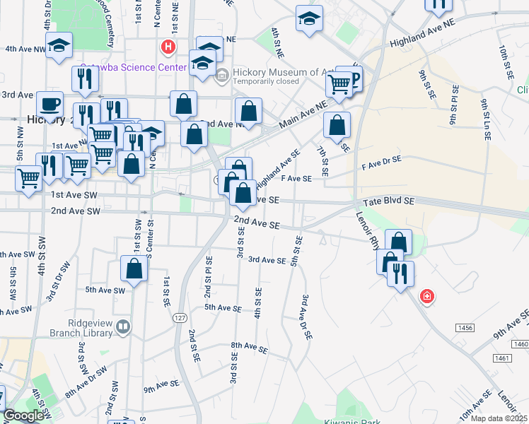 map of restaurants, bars, coffee shops, grocery stores, and more near 116 4th Street Southeast in Hickory