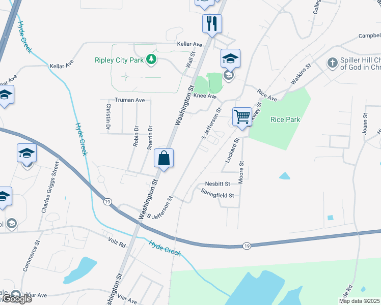 map of restaurants, bars, coffee shops, grocery stores, and more near 368 South Jefferson Street in Ripley