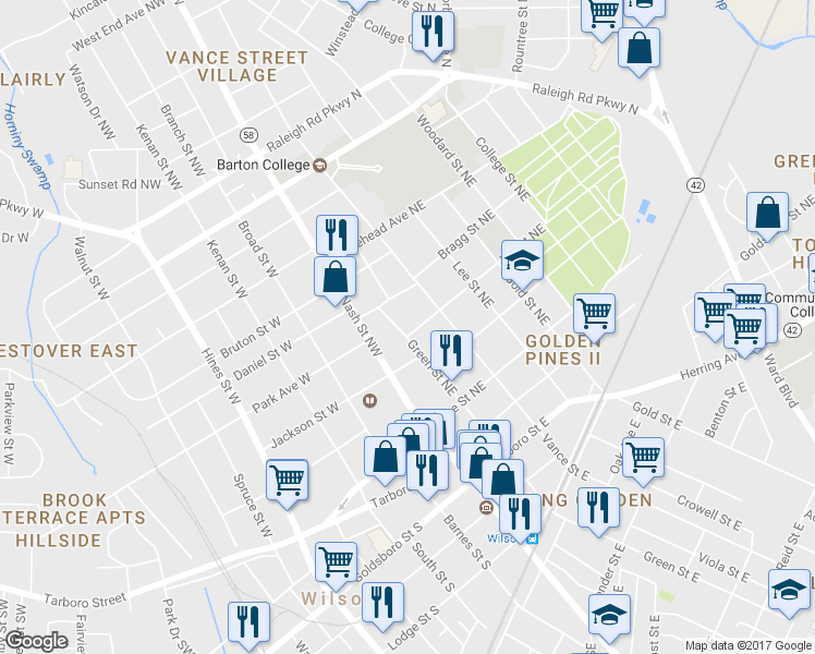 map of restaurants, bars, coffee shops, grocery stores, and more near 310 Green Street Northeast in Wilson