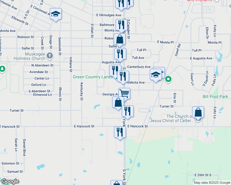 map of restaurants, bars, coffee shops, grocery stores, and more near 454 Georgia Avenue in Muskogee