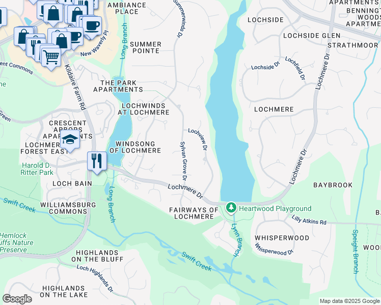 map of restaurants, bars, coffee shops, grocery stores, and more near 207 Sylvan Grove Drive in Cary