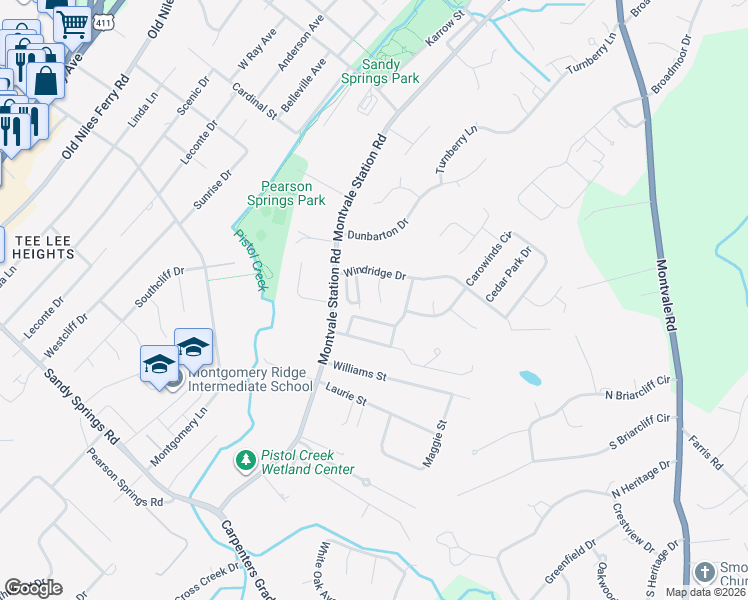 map of restaurants, bars, coffee shops, grocery stores, and more near 1511 Woodbury Court in Maryville