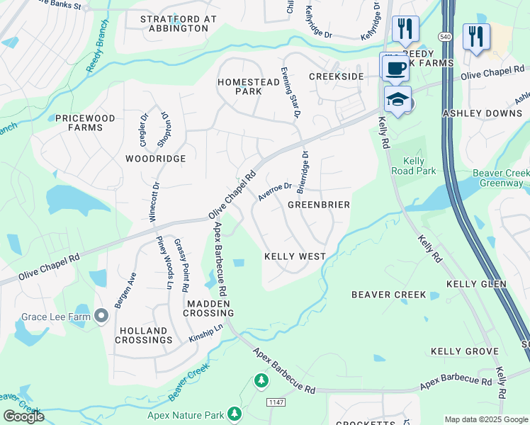 map of restaurants, bars, coffee shops, grocery stores, and more near 108 Old House Court in Apex