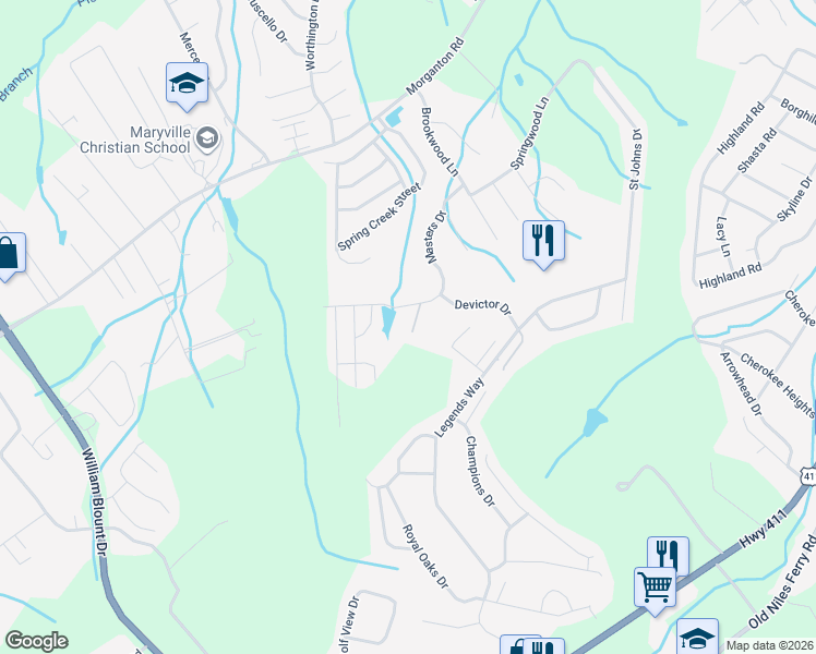 map of restaurants, bars, coffee shops, grocery stores, and more near 811 Stetson Drive in Maryville