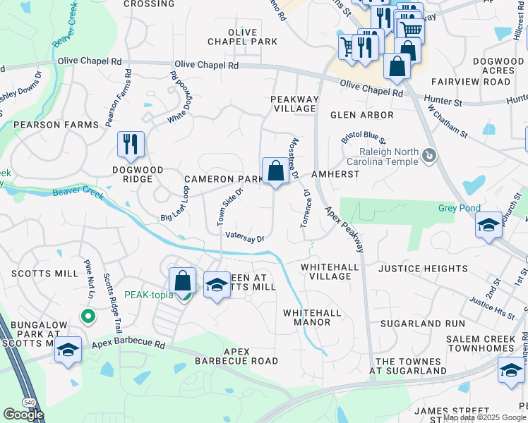 map of restaurants, bars, coffee shops, grocery stores, and more near 102 Stenness Court in Apex
