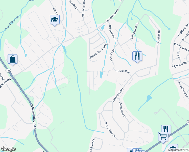 map of restaurants, bars, coffee shops, grocery stores, and more near 3932 Spyglass Drive in Maryville