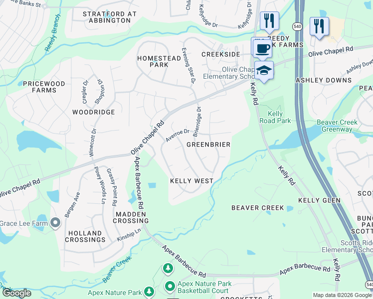 map of restaurants, bars, coffee shops, grocery stores, and more near 203 Chapel Valley Lane in Apex